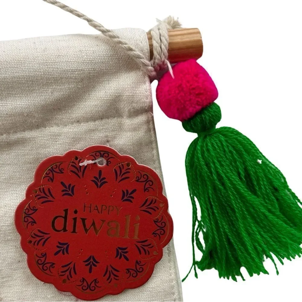 Happy Diwali Sequin Beaded Tassel Pom Fringed Cotton Banner NWT